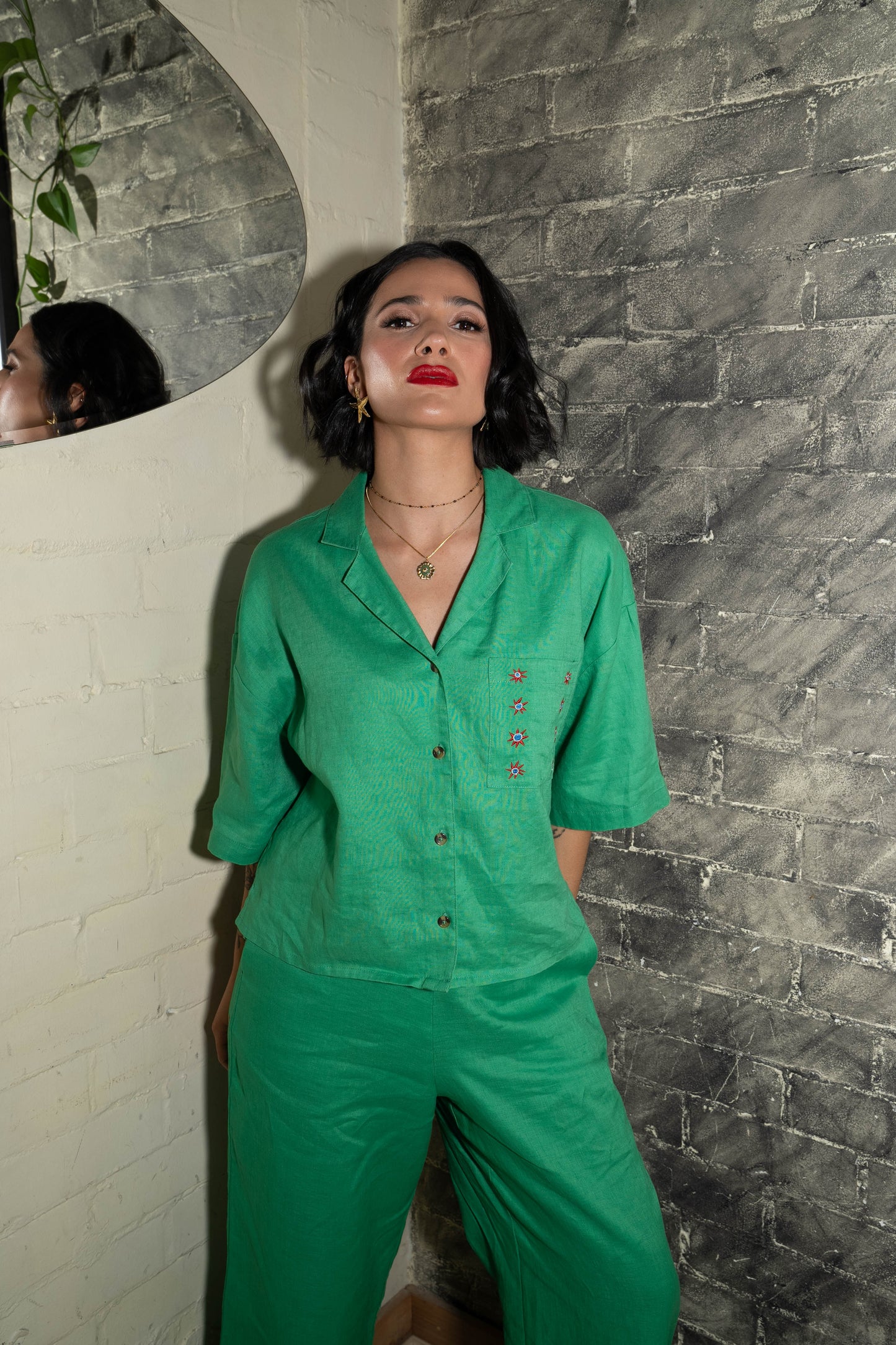 Bari Short Sleeve Linen Pocket Front Button Down Shirt-Melon Green