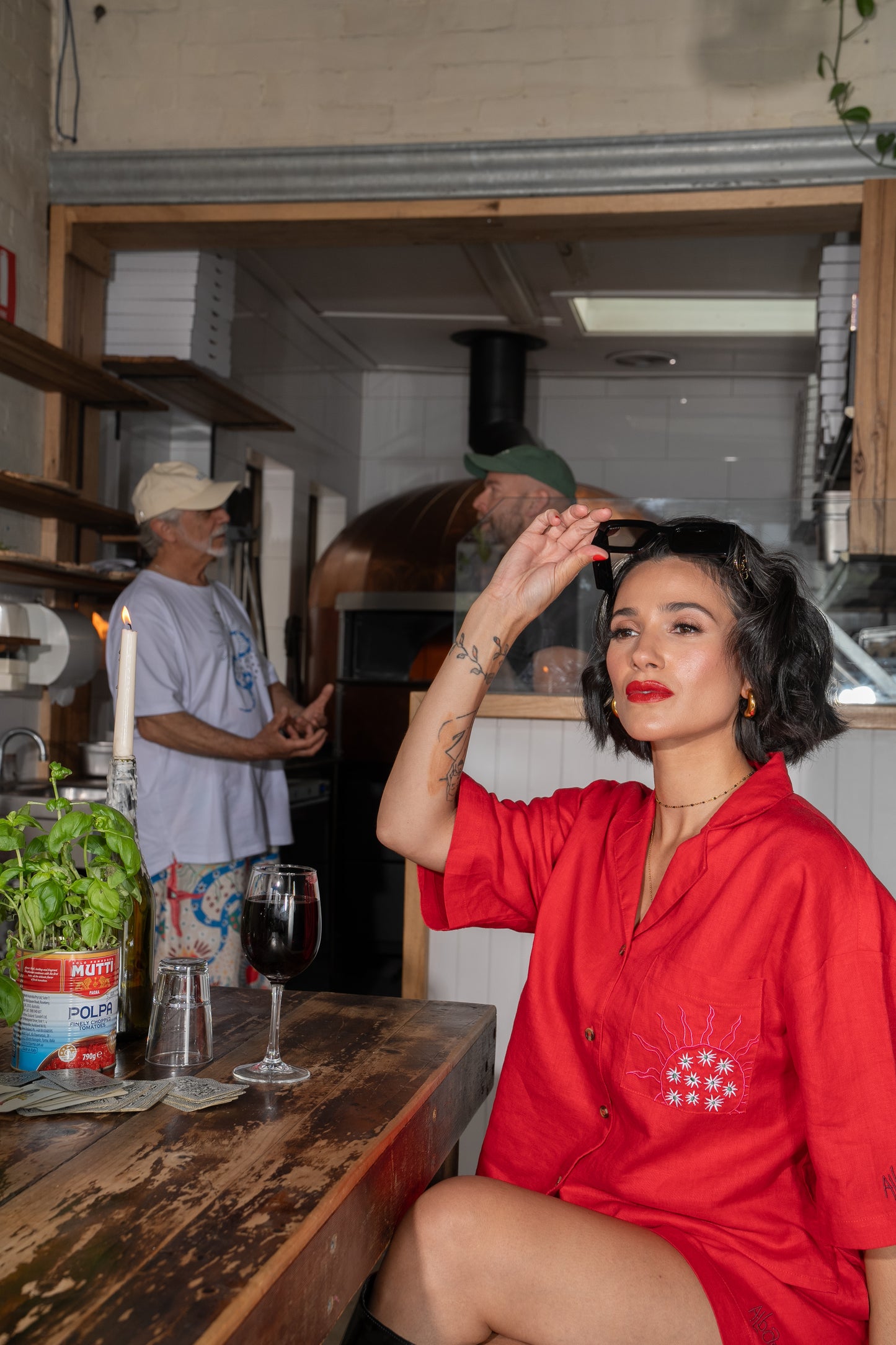 Bari Short Sleeve Linen Pocket Front Button Down Shirt- Lipstick Red