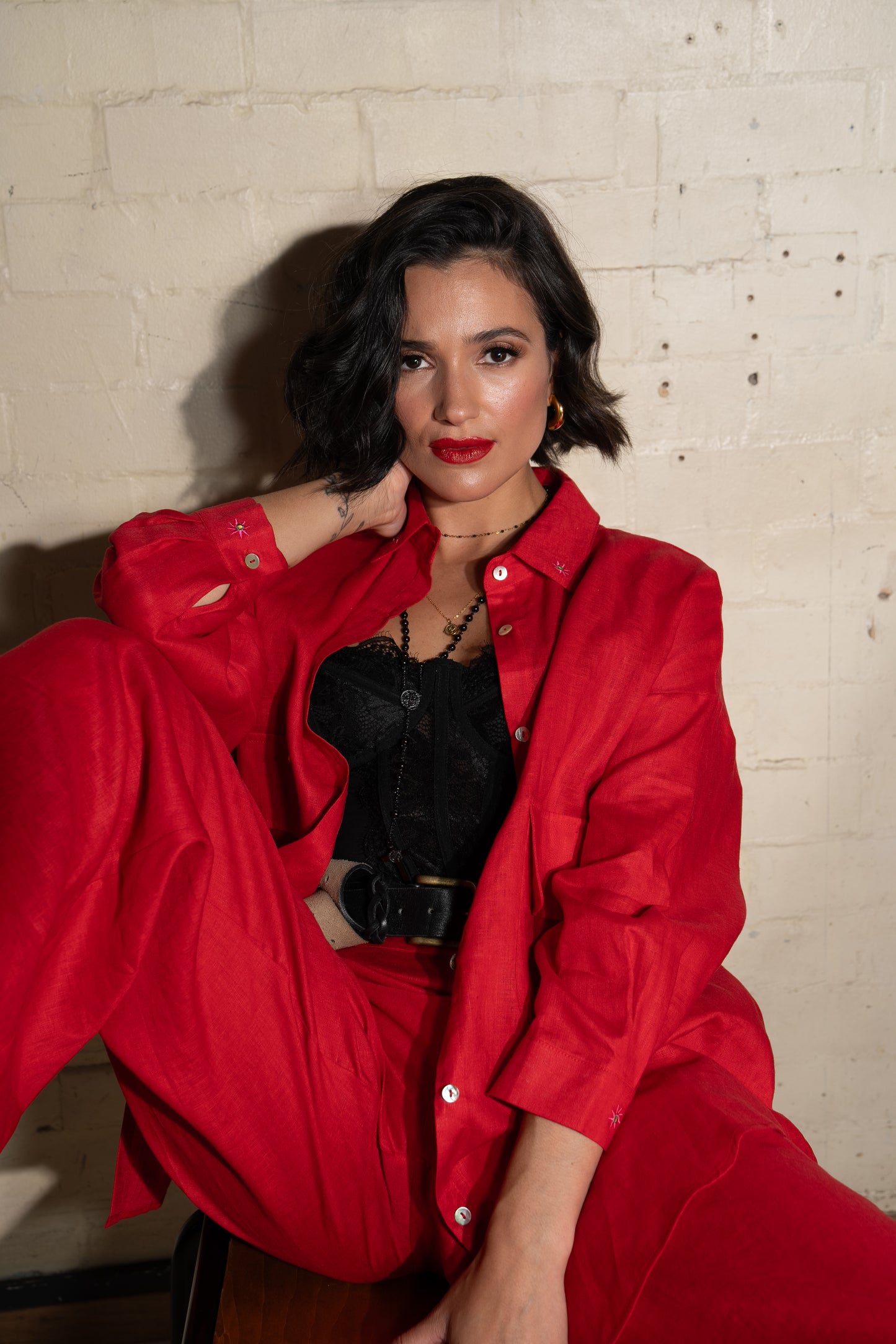 Giulia relaxed oversize swing pocket shirt- Lipstick Red