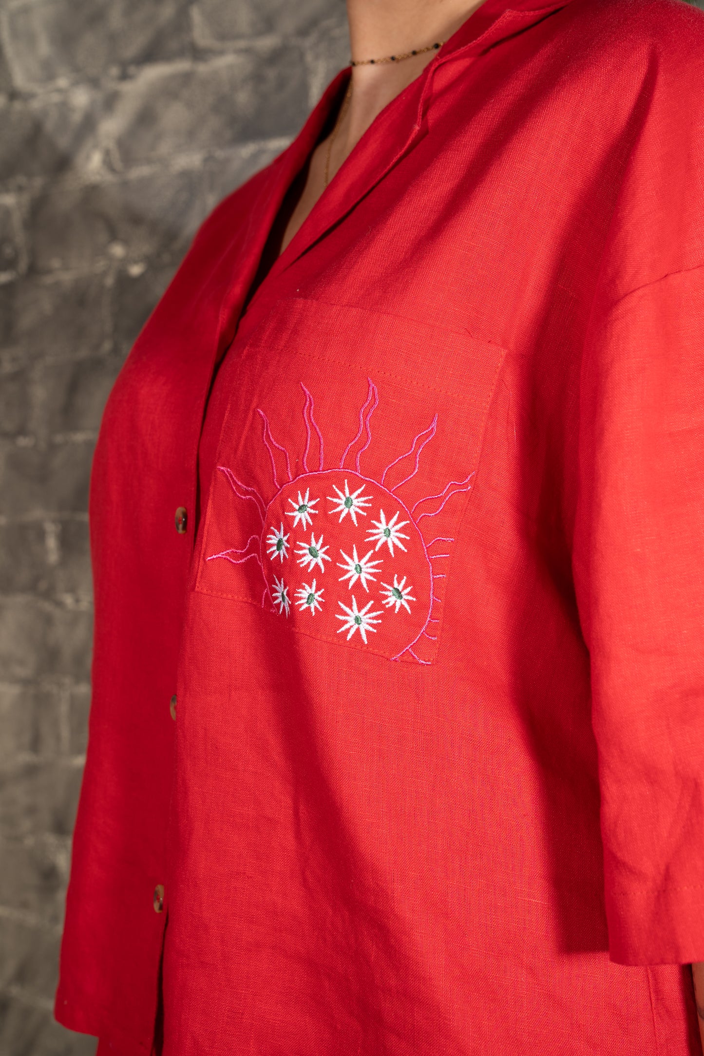 Bari Short Sleeve Linen Pocket Front Button Down Shirt- Lipstick Red
