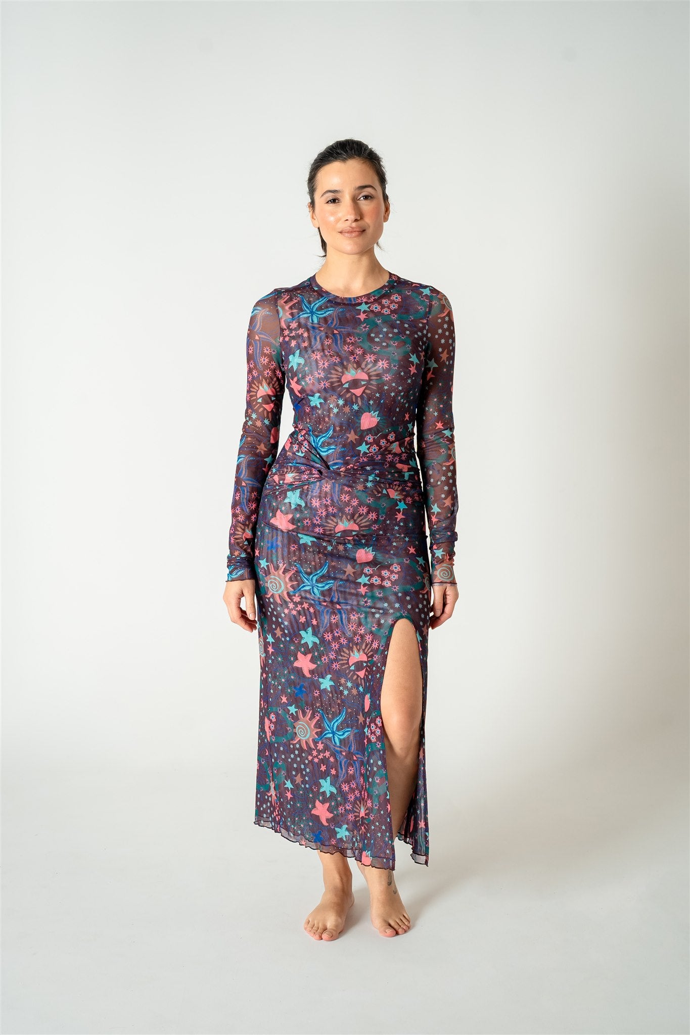 Julie Mesh Midi Fitted Long Sleeve Dress
