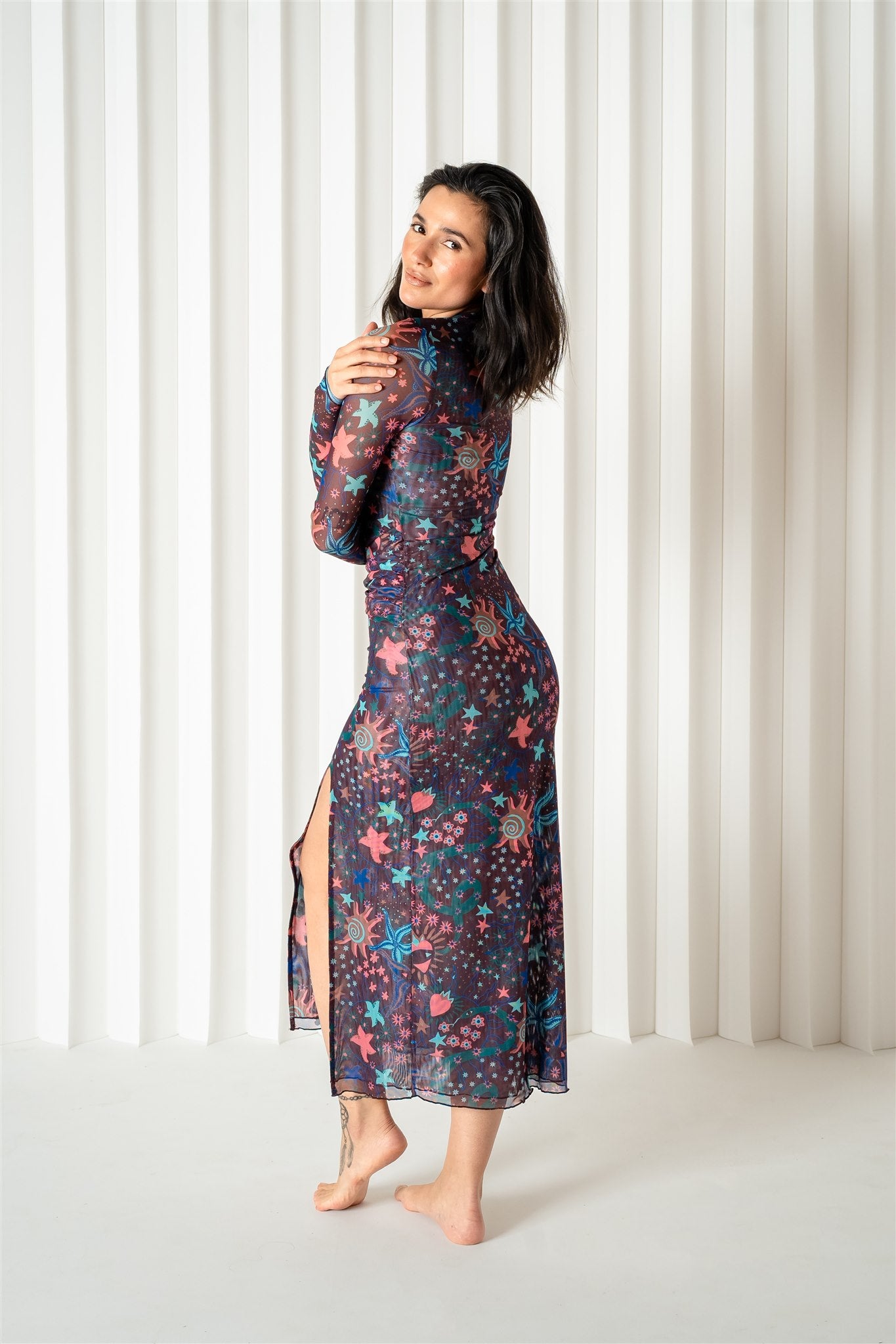 Julie Mesh Midi Fitted Long Sleeve Dress