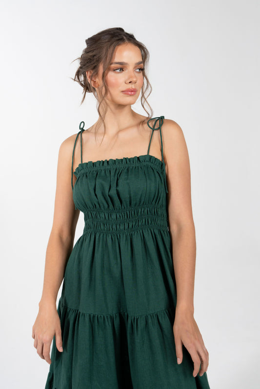 ELYSIA LINEN SPAGHETTI STRAP MIDI DRESS-SUMMER GREEN