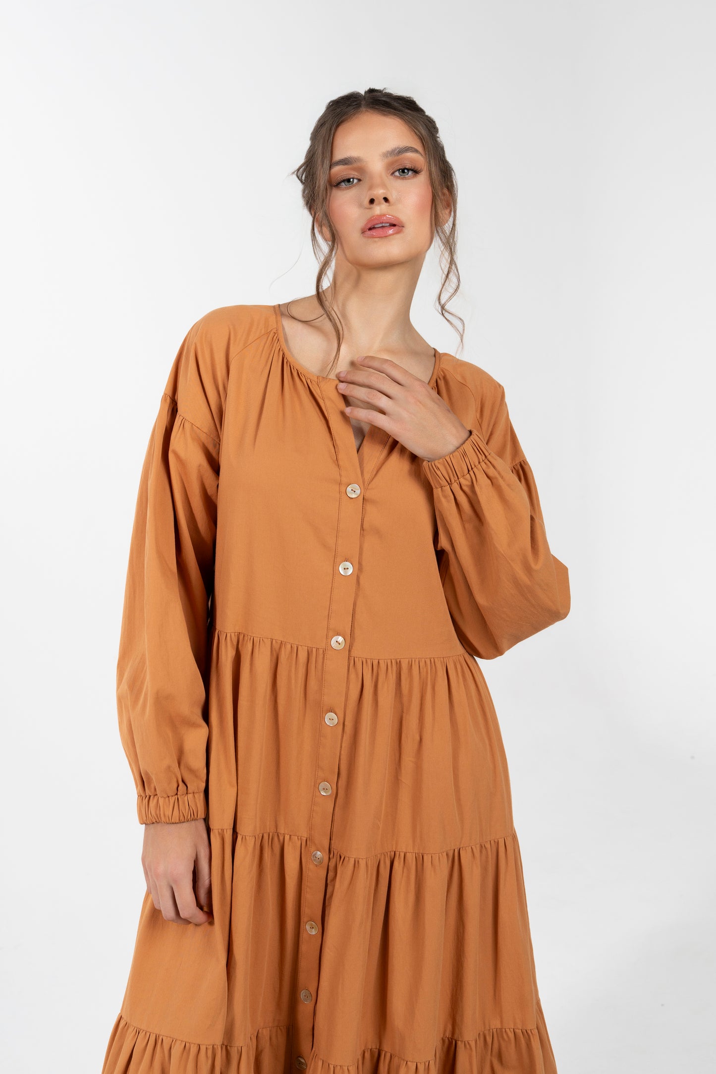 OLIVIA TIERED BUTTON DOWN BOHO MAXI DRESS