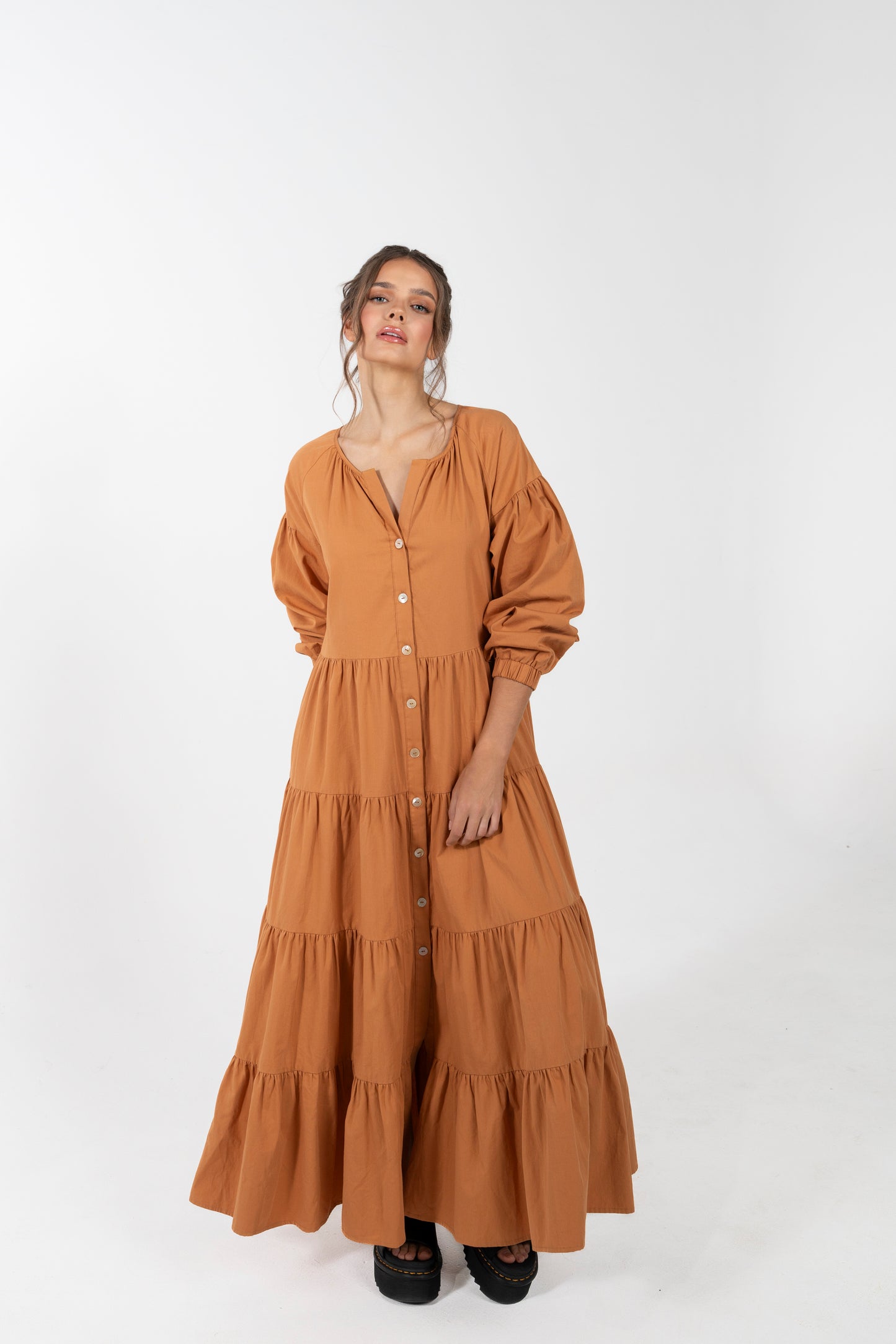 OLIVIA TIERED BUTTON DOWN BOHO MAXI DRESS