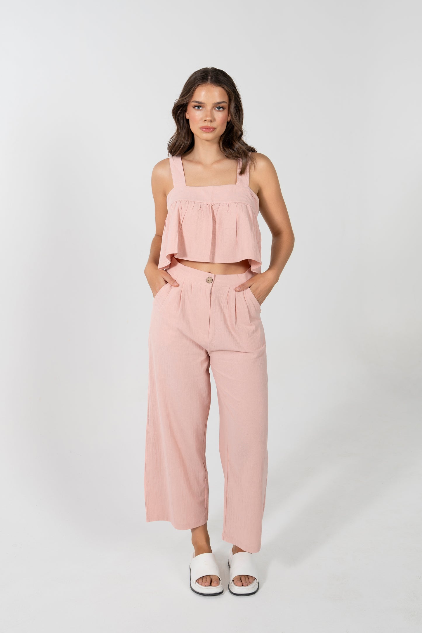 EZRA CROP FRILL BUTTON BACK TOP IN DUSTY ROSE