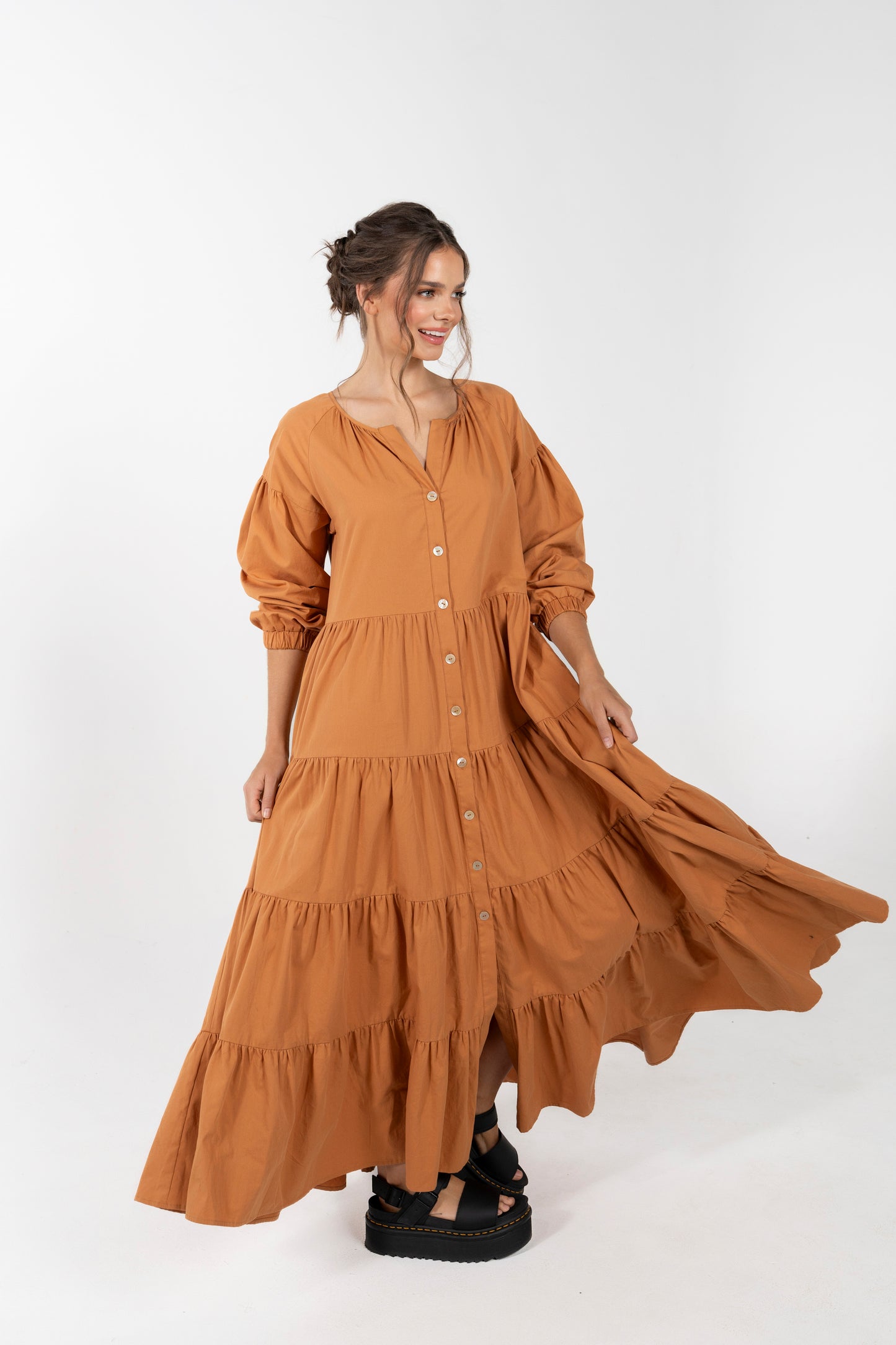 OLIVIA TIERED BUTTON DOWN BOHO MAXI DRESS