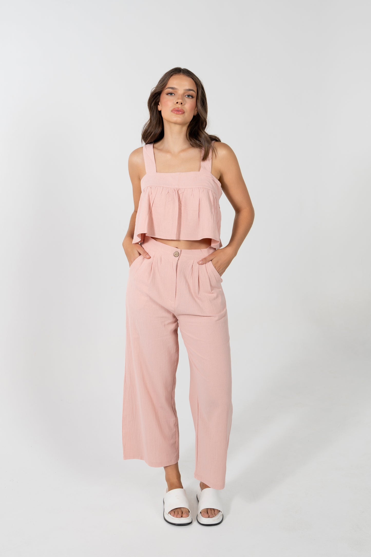 EZRA CROP FRILL BUTTON BACK TOP IN DUSTY ROSE