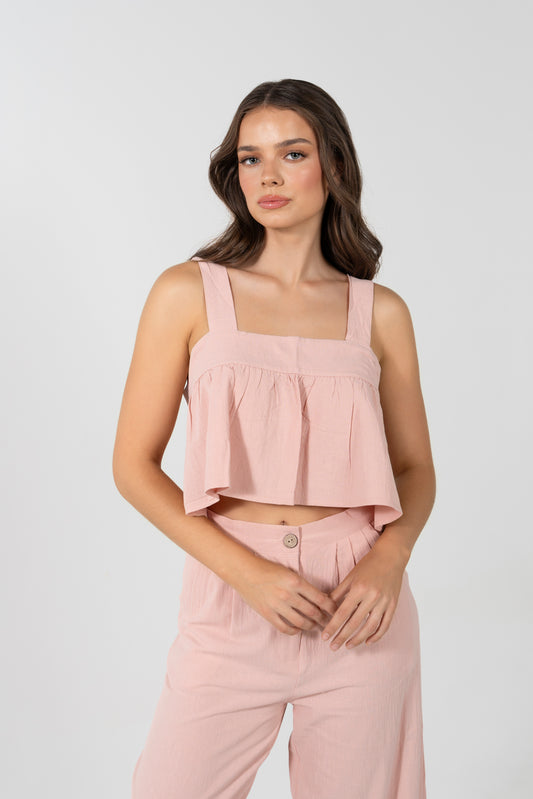 EZRA CROP FRILL BUTTON BACK TOP IN DUSTY ROSE