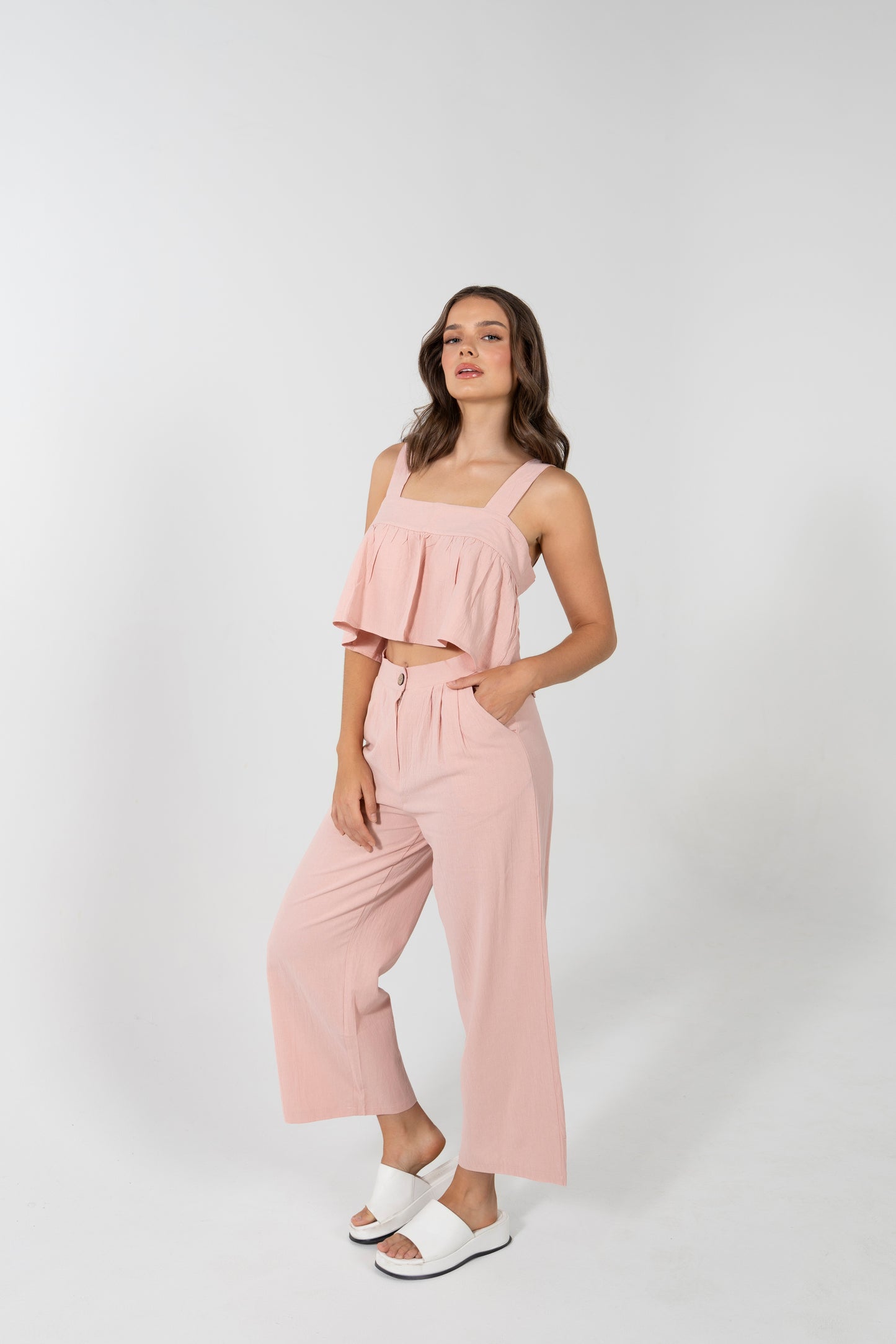 EZRA CROP FRILL BUTTON BACK TOP IN DUSTY ROSE