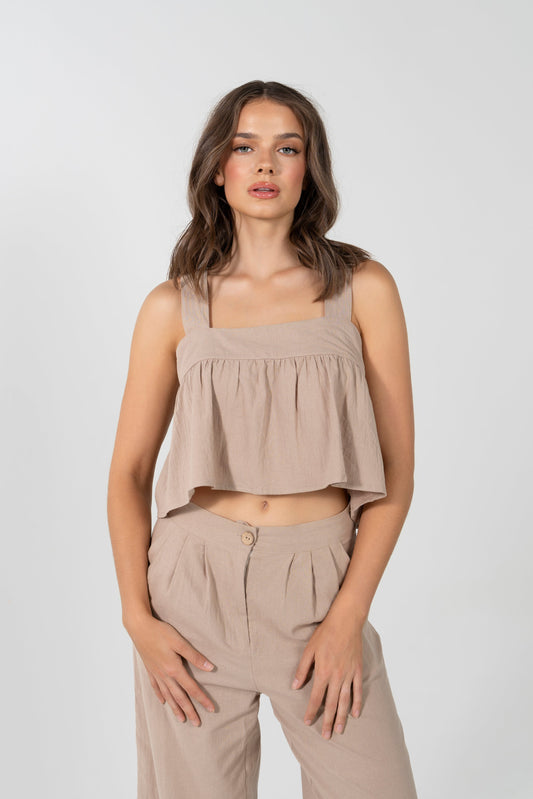 EZRA CROP FRILL BUTTON BACK TOP IN CAPPUCCINO