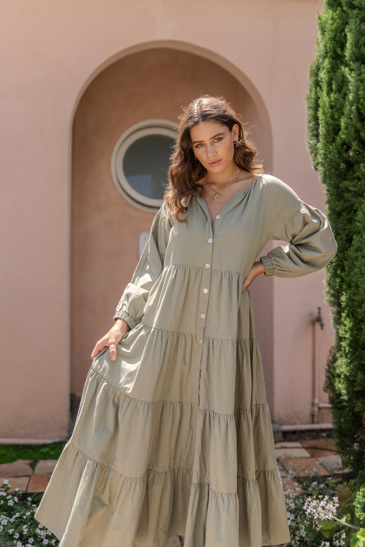 OLIVIA TIERED BUTTON DOWN BOHO MAXI DRESS