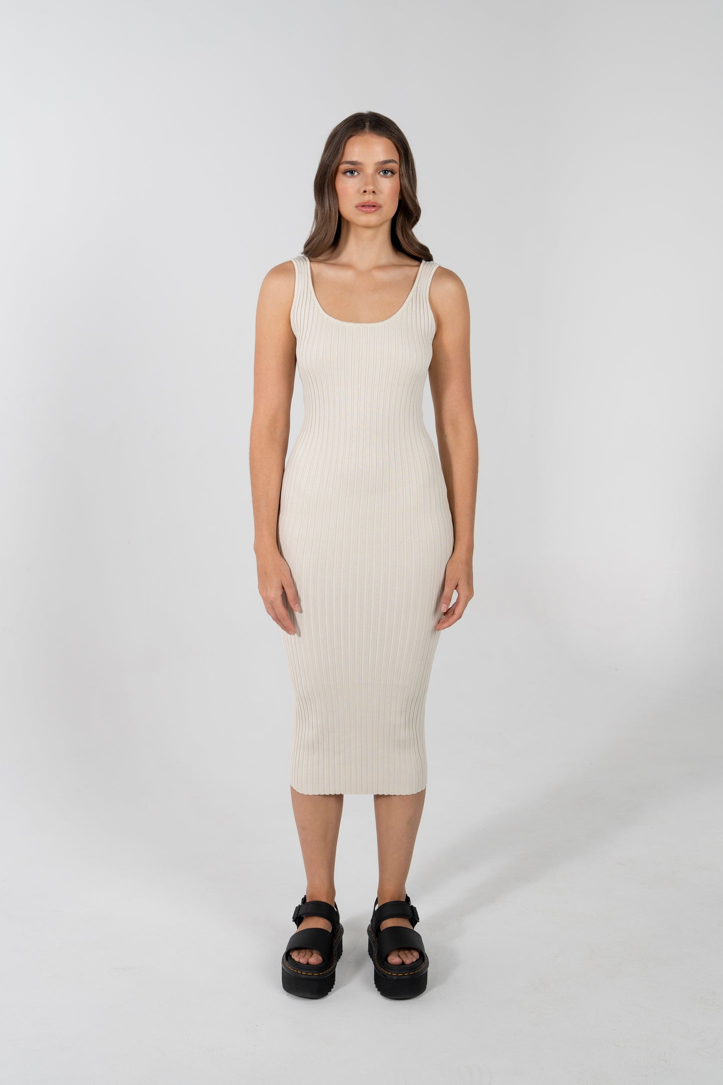 ZINNIA SMOOTHING BODY CON RIB DRESS VANILLA CREAM