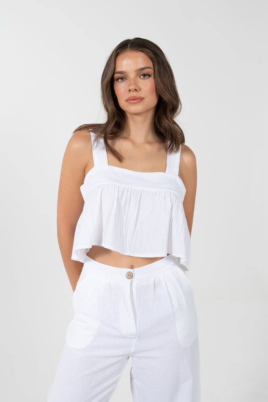 EZRA CROP FRILL BUTTON BACK TOP IN WHITE