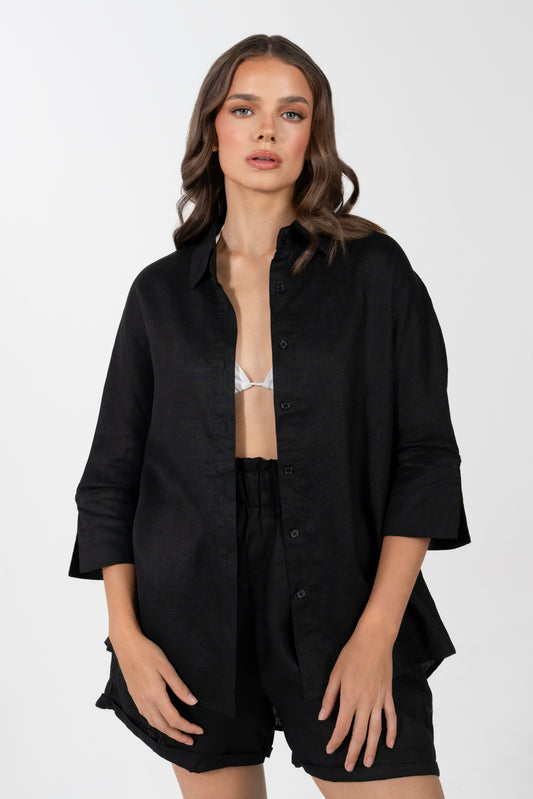 NINA RELAXED 3/4 SLEEVE OVERSIZE SWING SHIRT- BLACK