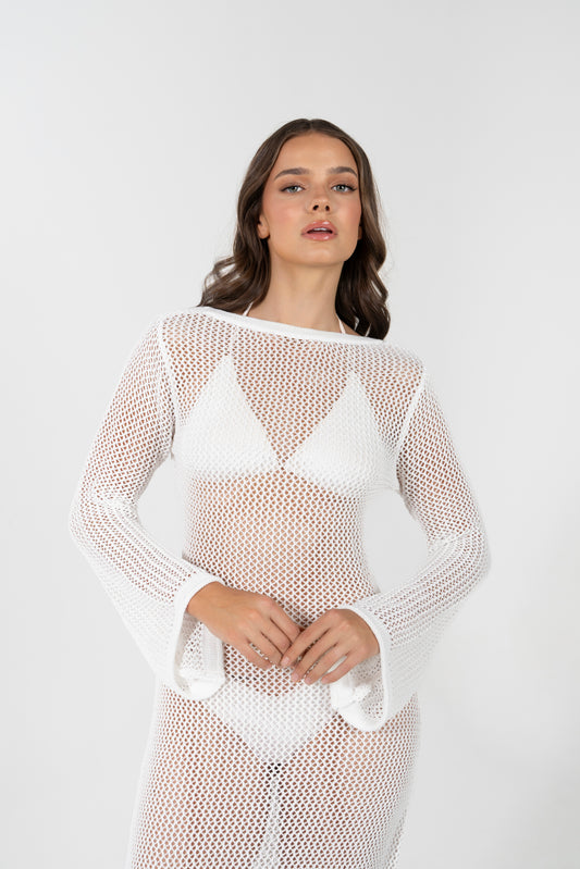 BELLA CROCHET BELL SLEEVE DRESS WHITE