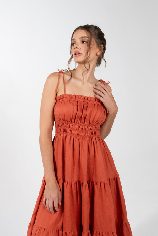 ELYSIA LINEN SPAGHETTI STRAP MIDI DRESS- CANYON RED