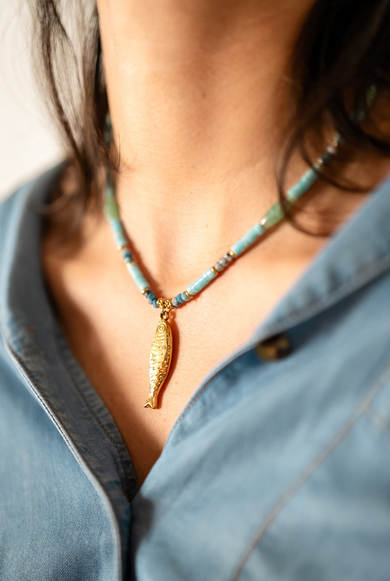 Alba Ocean blue beaded gold fish pendant